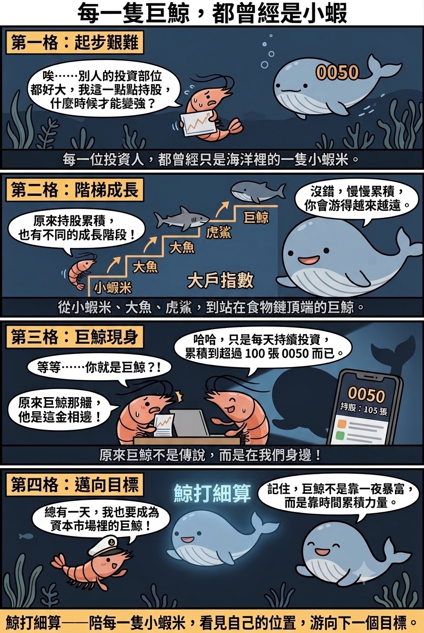 四格漫畫《每一隻巨鯨,都曾經是小蝦》:第一格「起步艱難」,小蝦米拿著自己的持股對帳單,看著遠方標著0050的巨鯨說別人的投資部位都好大、我這一點點持股什麼時候才能變強,旁白寫著每一位投資人都曾經只是海洋裡的一隻小蝦米;第二格「階梯成長」,一道階梯從小蝦米往上經過大魚、虎鯊直到巨鯨,標題寫著大戶指數,小蝦米說原來持股累積也有不同的成長階段,巨鯨回答沒錯、慢慢累積你會游得越來越遠;第三格「巨鯨現身」,兩隻小蝦米看著手機上顯示持股103張0050的畫面驚訝地說等等你就是巨鯨,巨鯨笑說只是每天持續投資、累積到超過100張0050而已,旁白寫著原來巨鯨不是傳說而是在我們身邊;第四格「邁向目標」,戴著船長帽的小蝦米在寫著鯨打細算的海裡說總有一天我也要成為資本市場裡的巨鯨,巨鯨提醒記住巨鯨不是靠一夜暴富、而是靠時間累積力量。結尾寫著鯨打細算陪每一隻小蝦米看見自己的位置,游向下一個目標