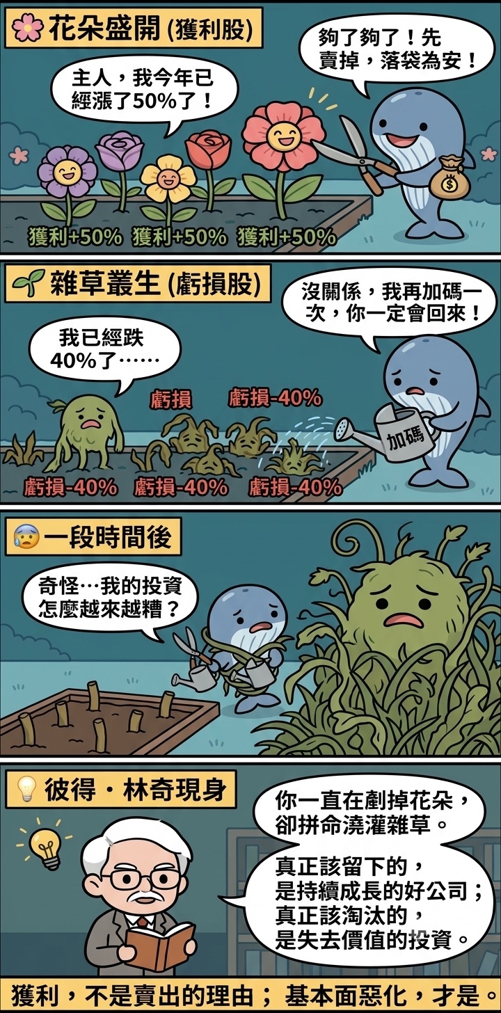 四格漫畫《人性的弱點》：第一格「花朵盛開（獲利股）」，花圃裡一排標著獲利+50%的笑臉花朵，其中一朵說主人我今年已經漲了50%了，鯨魚投資人卻提著錢袋、拿起剪刀說夠了夠了先賣掉、落袋為安；第二格「雜草叢生（虧損股）」，一叢標著虧損-40%的枯萎雜草說我已經跌40%了，鯨魚投資人卻拿著寫著加碼的澆水器猛澆說沒關係我再加碼一次、你一定會回來；第三格「一段時間後」，花圃裡的花被剪光只剩花梗，雜草卻長得又高又密纏住鯨魚，鯨魚一手剪刀一手澆水器疑惑地說奇怪、我的投資怎麼越來越糟；第四格「彼得．林奇現身」，捧著書的林奇說你一直在剷掉花朵，卻拚命澆灌雜草，真正該留下的是持續成長的好公司，真正該淘汰的是失去價值的投資。底部金句：獲利，不是賣出的理由；基本面惡化，才是