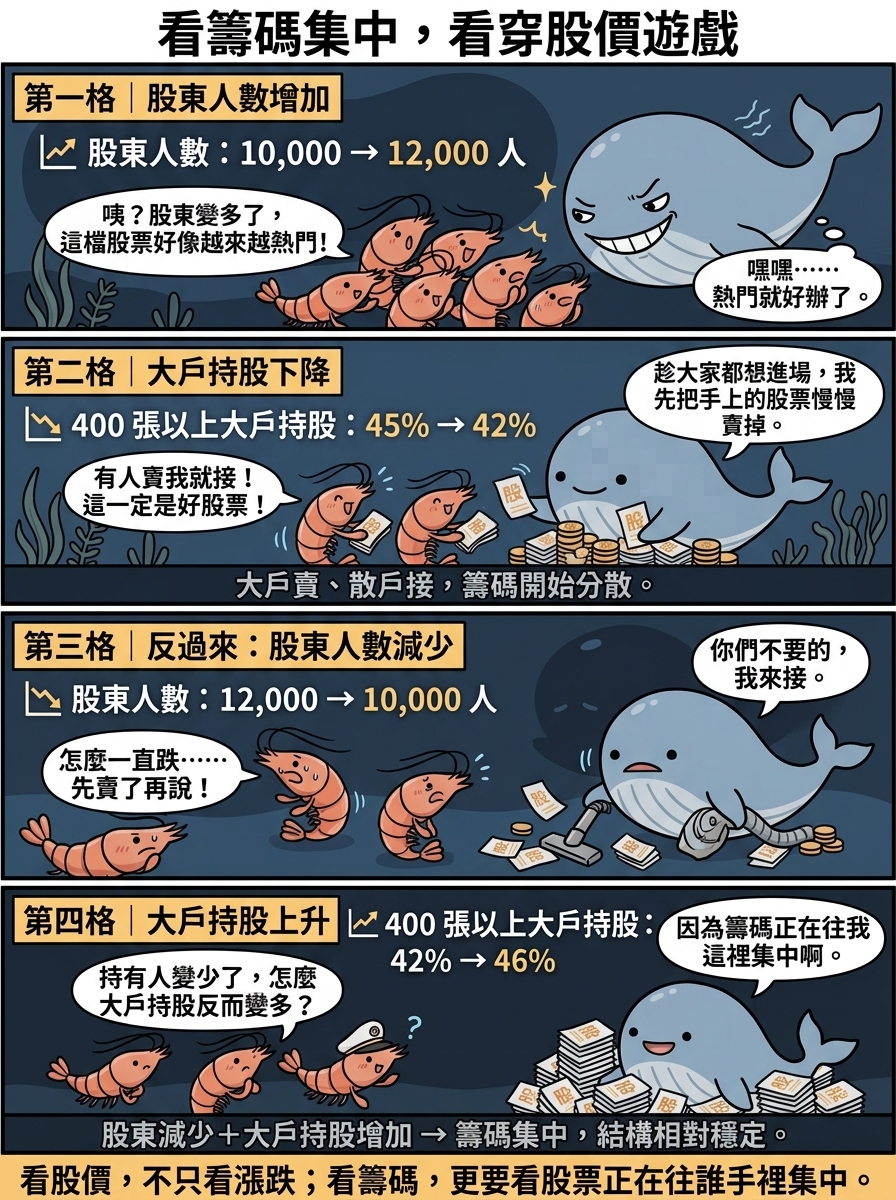 四格漫畫《看籌碼集中，看穿股價遊戲》：第一格「股東人數增加」，一群小蝦米看著股東人數從10,000人增加到12,000人，開心地說股東變多了、這檔股票好像越來越熱門，一旁露出賊笑的巨鯨心想熱門就好辦了；第二格「大戶持股下降」，400張以上大戶持股從45%降到42%，巨鯨一邊把股票慢慢賣掉一邊說趁大家都想進場、我先把手上的股票慢慢賣掉，小蝦米搶著接股票說有人賣我就接、這一定是好股票，底部寫著大戶賣、散戶接，籌碼開始分散；第三格「股東人數反過來減少」，股東人數從12,000人降回10,000人，幾隻小蝦米邊哭邊賣說怎麼一直跌、先賣了再說，巨鯨拿著吸塵器把股票和錢一起吸走說你們不要的、我來接；第四格「大戶持股上升」，400張以上大戶持股從42%升到46%，戴著船長帽的小蝦米疑惑地問持有人變少了、怎麼大戶持股反而變多，巨鯨堆著滿滿的股票說因為籌碼正在往我這裡集中啊，底部寫著股東減少＋大戶持股增加、籌碼集中、結構相對穩定。結尾金句：看股價，不只看漲跌；看籌碼，更要看股票正在往誰手裡集中